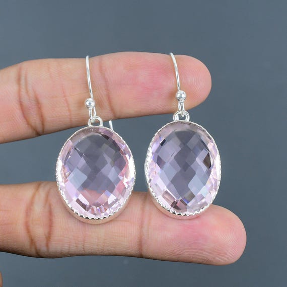 Faceted Pink Kunzite Earrings: Handmade 925 Sterling Silver Jewelry