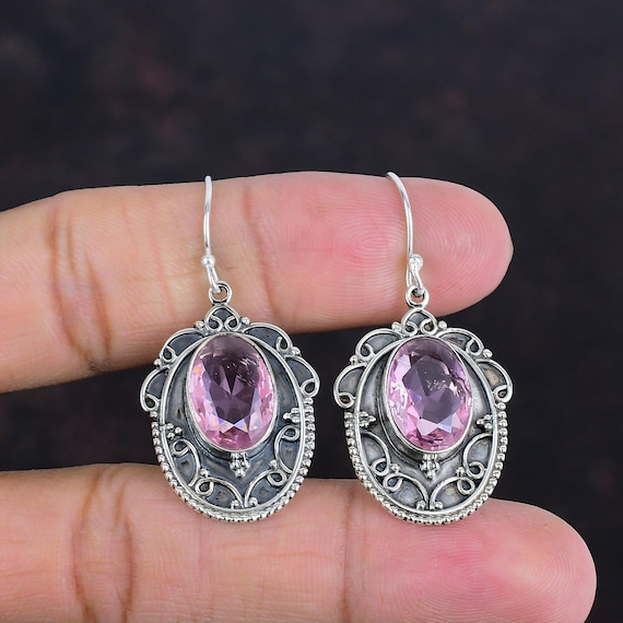 Faceted Pink Kunzite Earrings: Vintage 925 Sterling Silver Dainty Jewelry