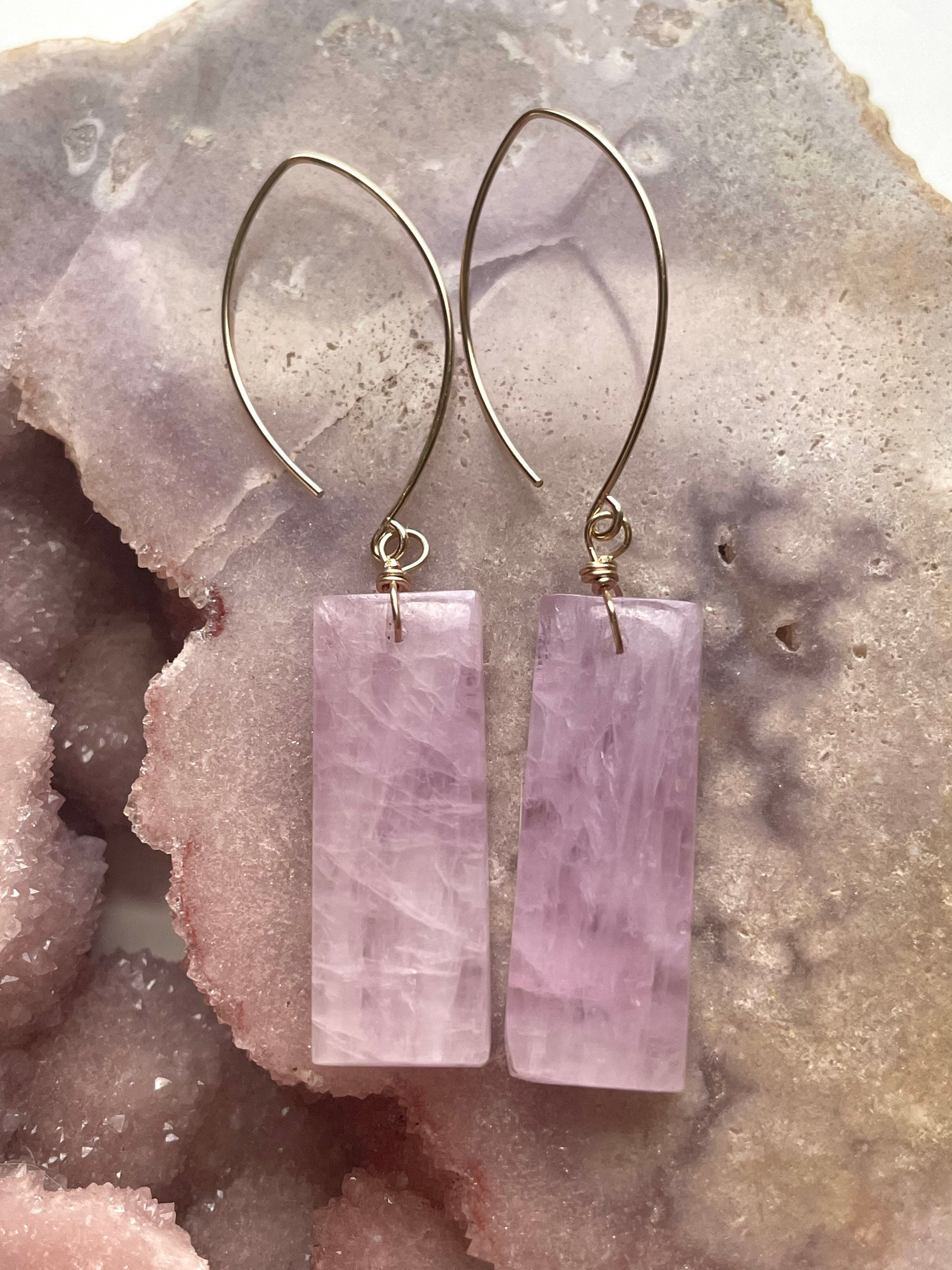 Gold Filled Kunzite Dangle Earrings: 70mm Pink Crystal Statement Jewelry