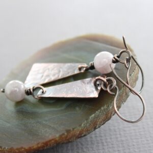 Hammered Copper Dangle Earrings: Kunzite Gemstone, Asymmetrical Design Hammered Copper Dangle Earrings: Kunzite Gemstone, Asymmetrical Design