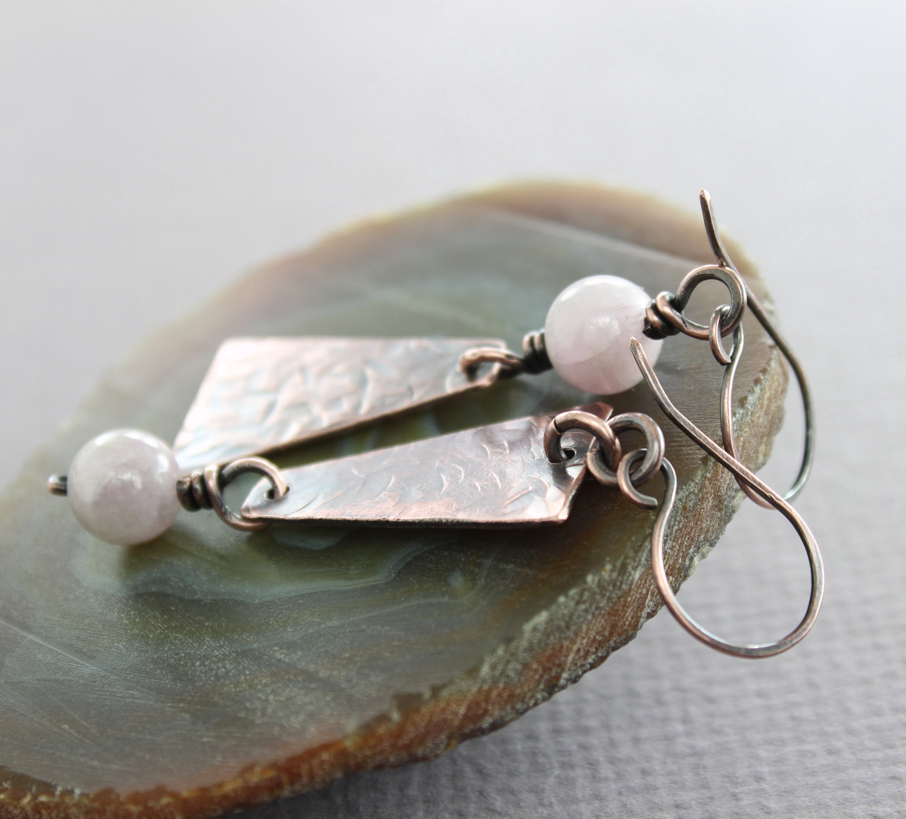 Hammered Copper Dangle Earrings: Kunzite Gemstone, Asymmetrical Design