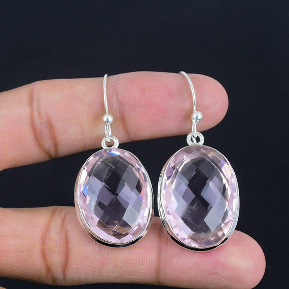 Handmade Faceted Pink Kunzite Earrings: 925 Sterling Silver Gemstone Jewelry