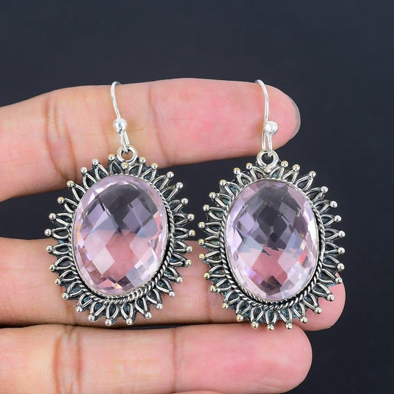 Handmade Faceted Pink Kunzite Earrings: 925 Sterling Silver Drop Jewelry