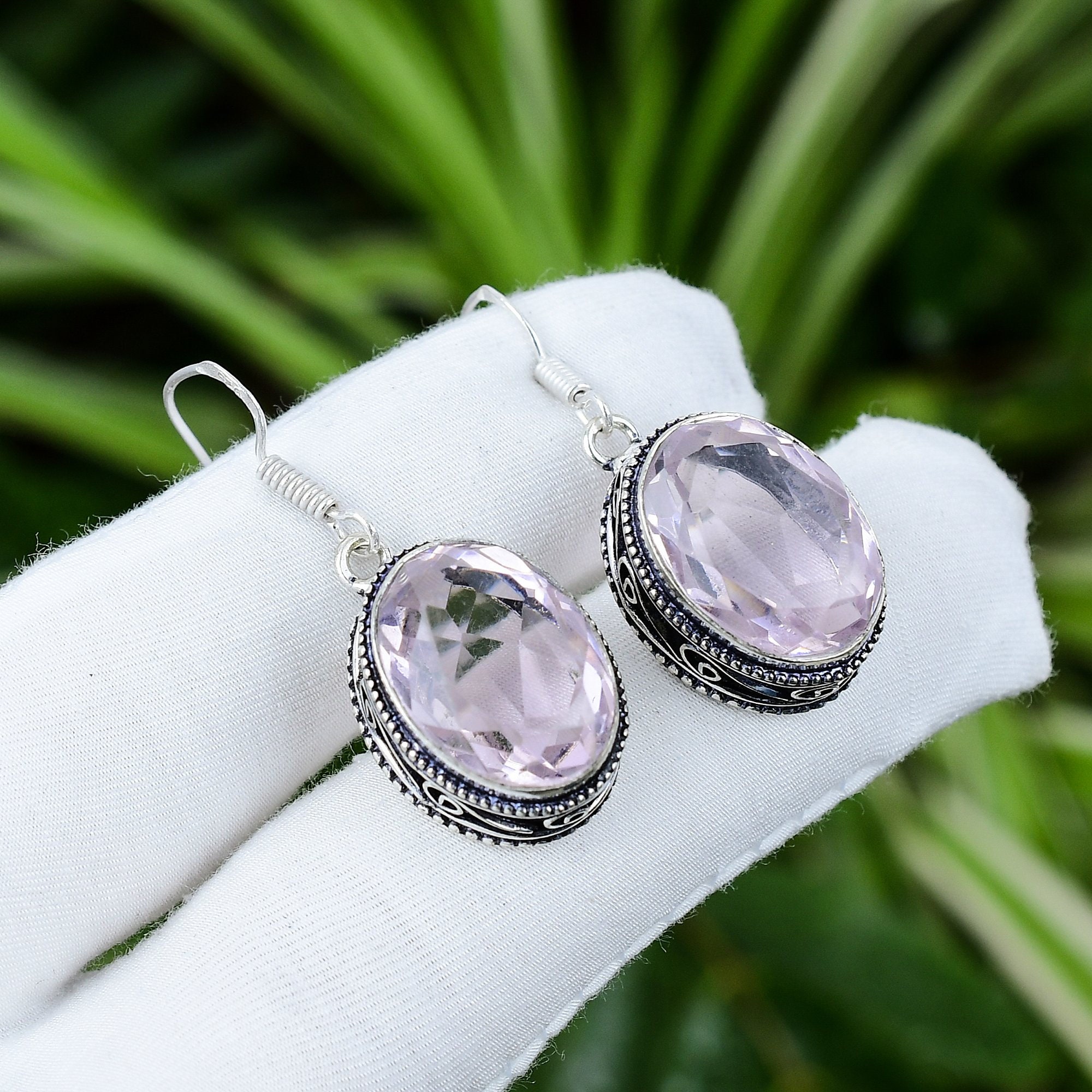 Handmade Pink Kunzite Earrings: 925 Sterling Silver Dangle Gemstone Jewelry