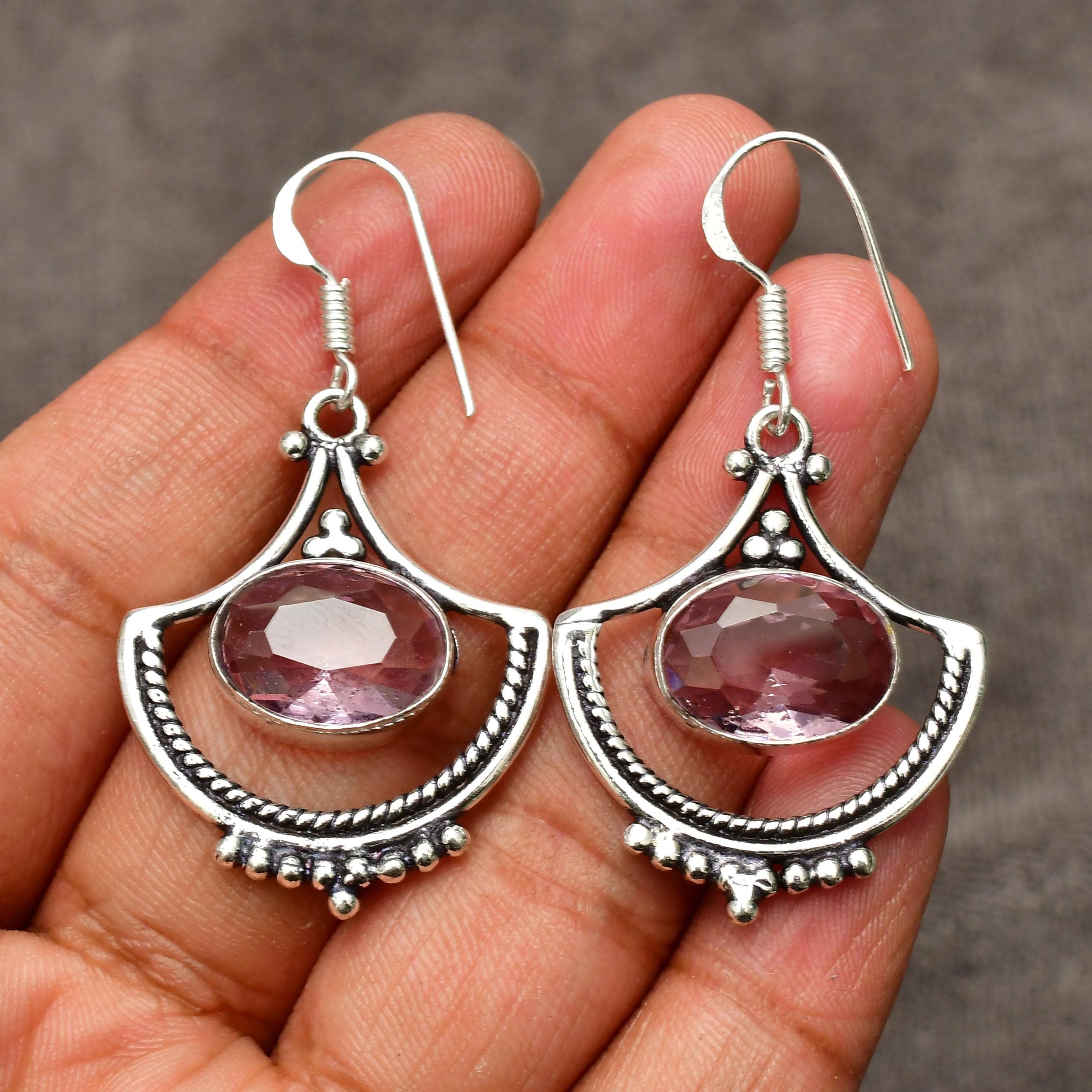 Handmade Pink Kunzite Earrings: 925 Sterling Silver Gemstone Jewelry