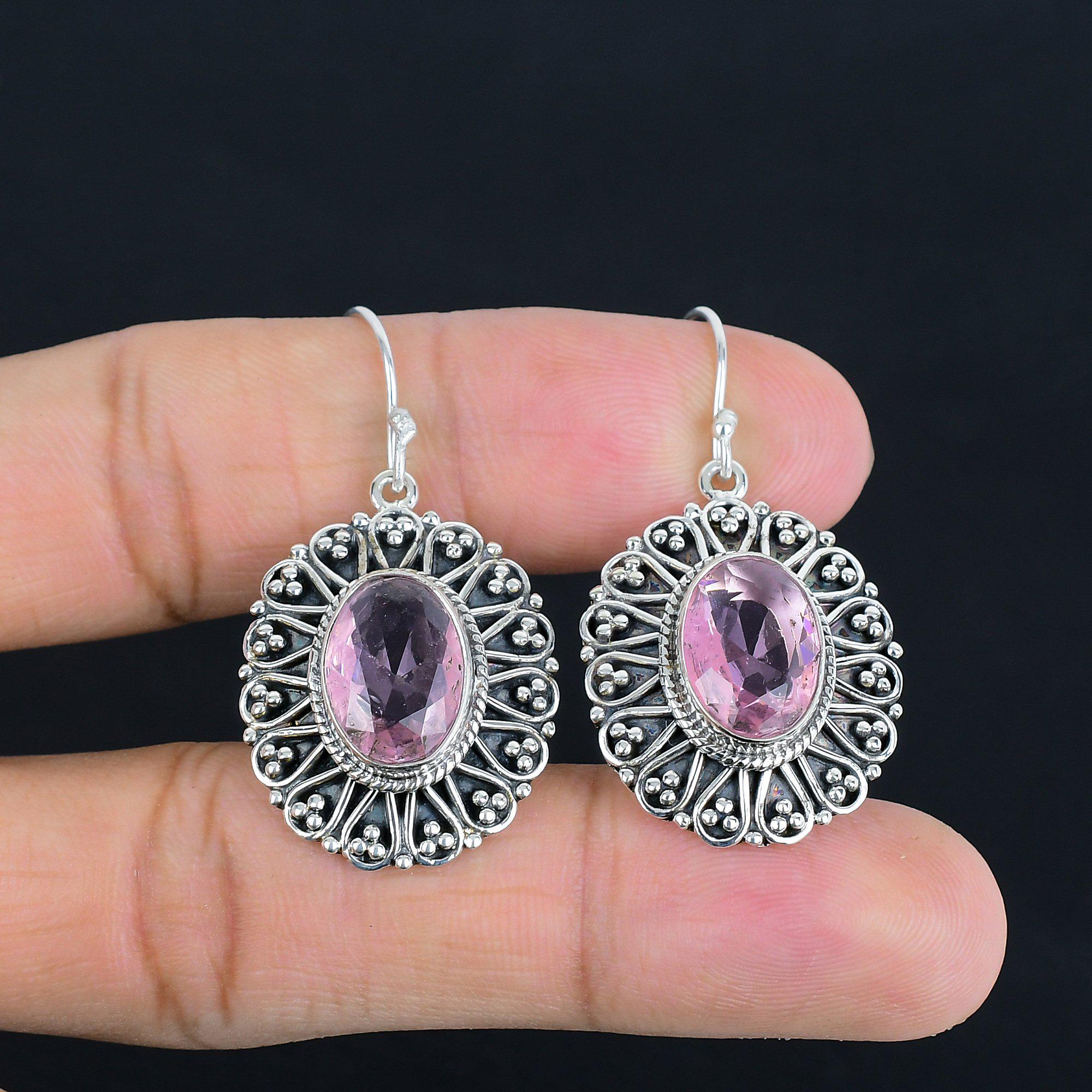 Handmade Pink Kunzite Earrings: Vintage 925 Sterling Silver Drop Earrings Handmade Pink Kunzite Earrings: Vintage 925 Sterling Silver Drop Earrings