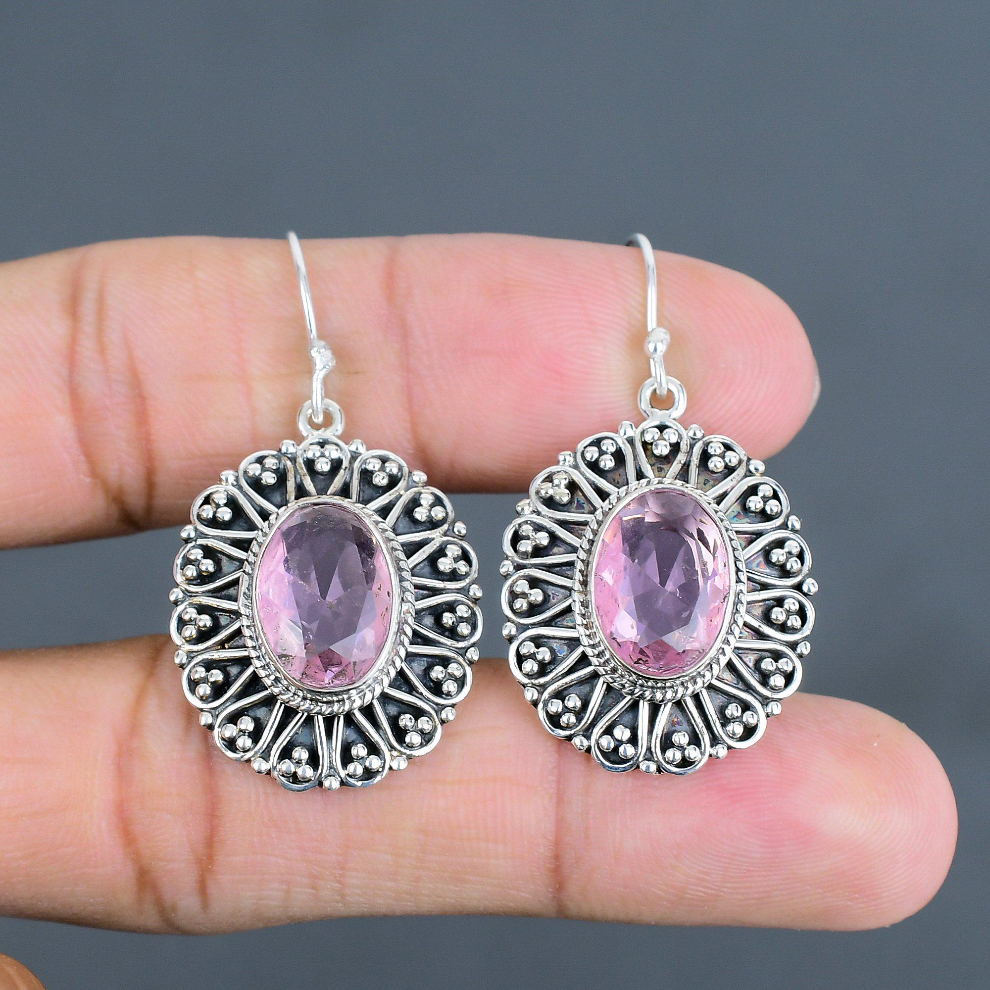 Handmade Pink Kunzite Earrings: Vintage 925 Sterling Silver Gemstone Jewelry
