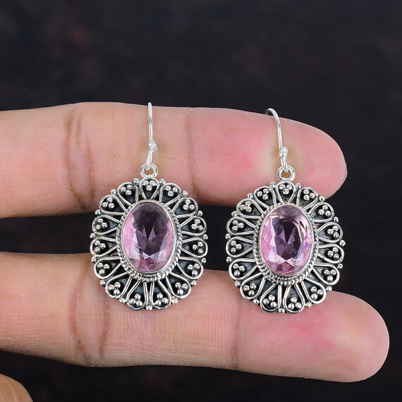 Handmade Vintage Pink Kunzite Earrings: 925 Sterling Silver