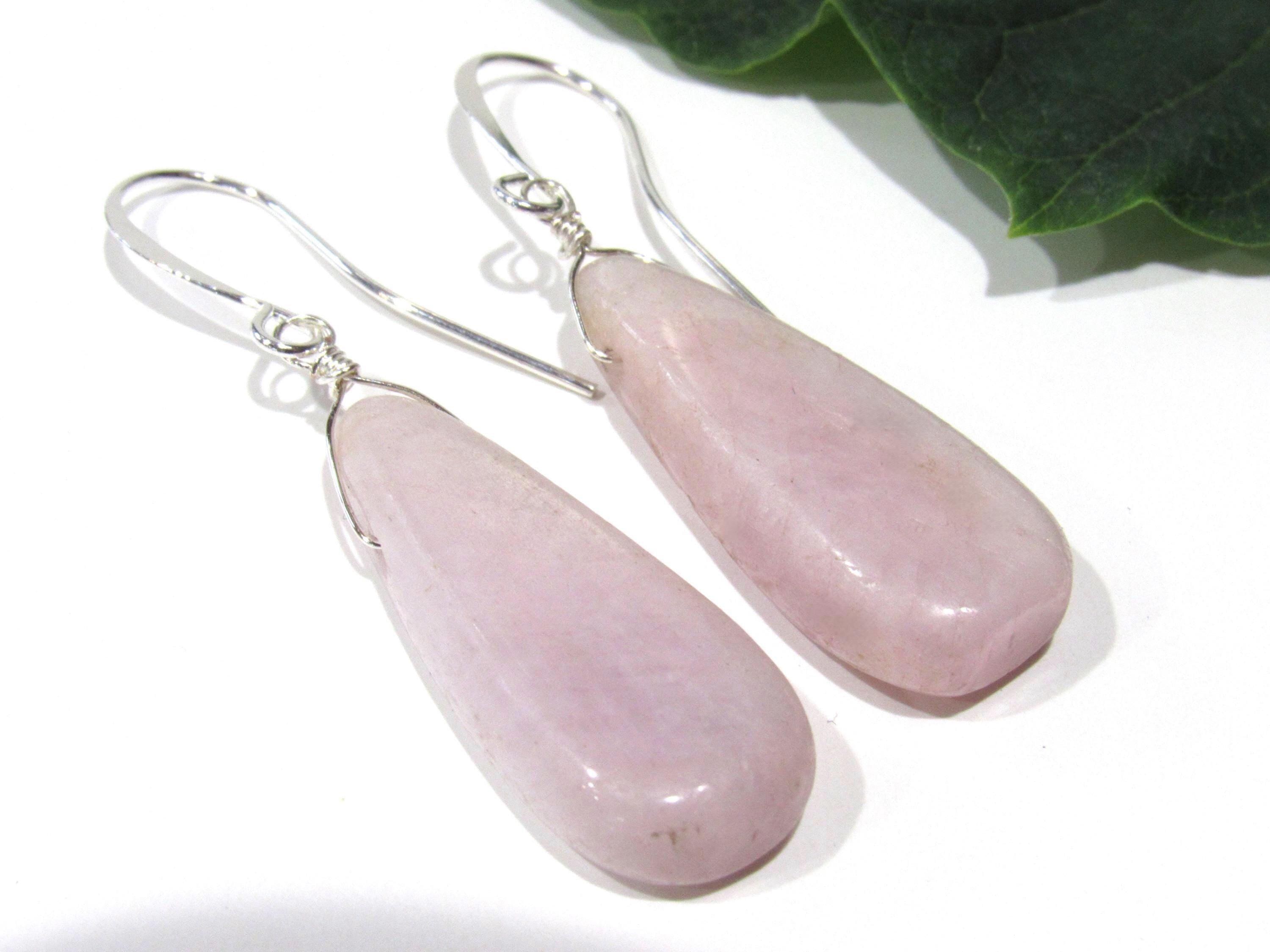Long Kunzite Earrings, Natural Pink Gemstone Dangles, Love Stone, In Gold And Silver