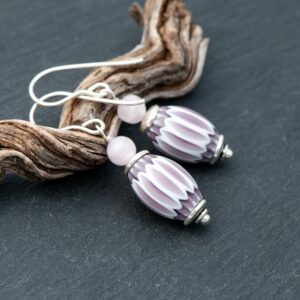 Mauve Kunzite and African Trade Bead Earrings, 925 Sterling Silver French Ear Wires, Purple Lilac Chevron Bead Earrings Mauve Kunzite and African Trade Bead Earrings, 925 Sterling Silver French Ear Wires, Purple Lilac Chevron Bead Earrings