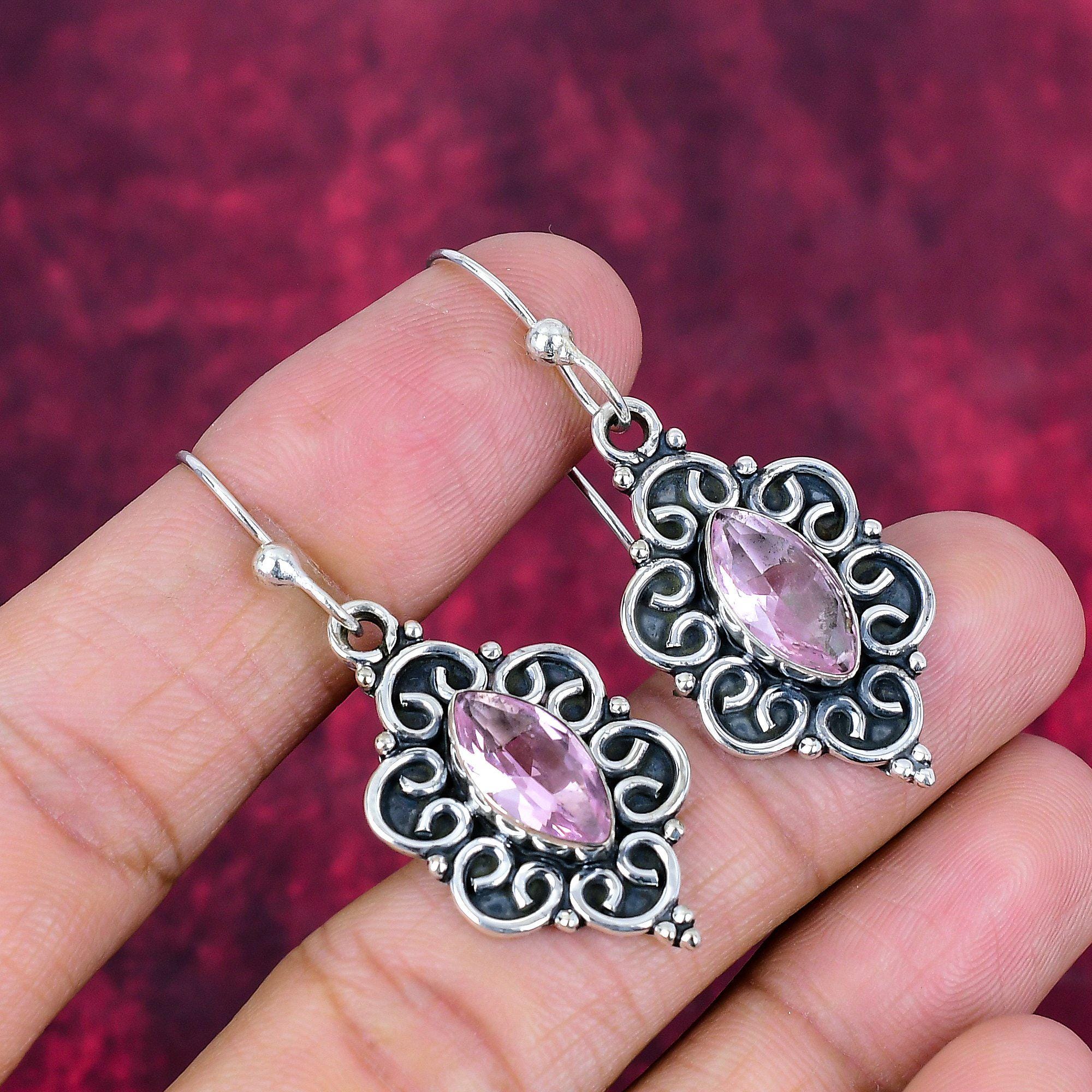 Pink Kunzite Earring, Pink Kunzite Silver Earring, Pink Kunzite Oval Earring, 925 Sterling Silver Earring, Gemstone Earring, Dangle Earring