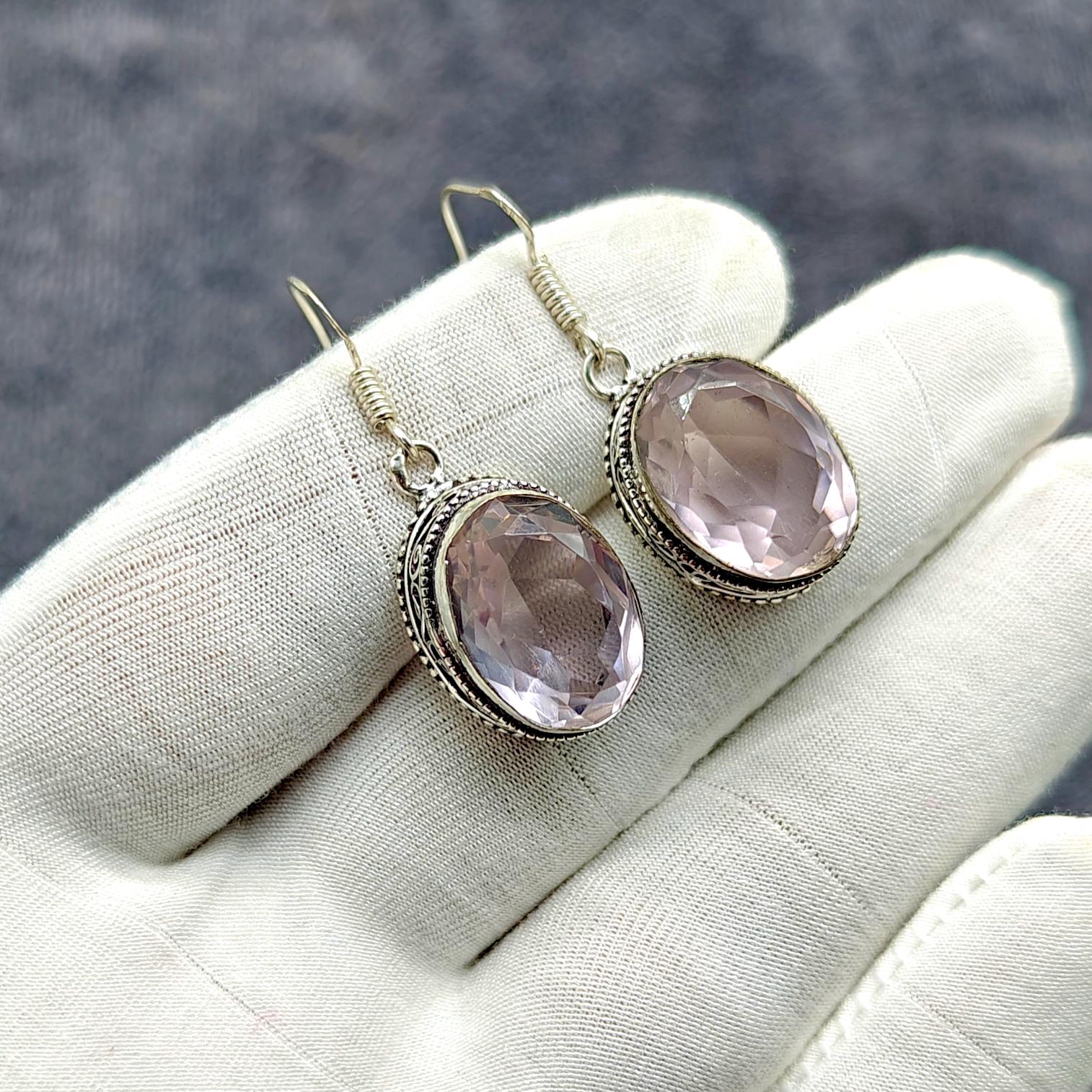 Pink Kunzite Silver Earring, 925 Sterling Silver Earring, Beautiful Gemstone Cabochon Earring, Pink Quartz Earring, Birthday Gift For Mother