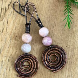Rustic Handmade Hammered Antiqued Copper Flower Kunzite Earrings Rustic Handmade Hammered Antiqued Copper Flower Kunzite Earrings