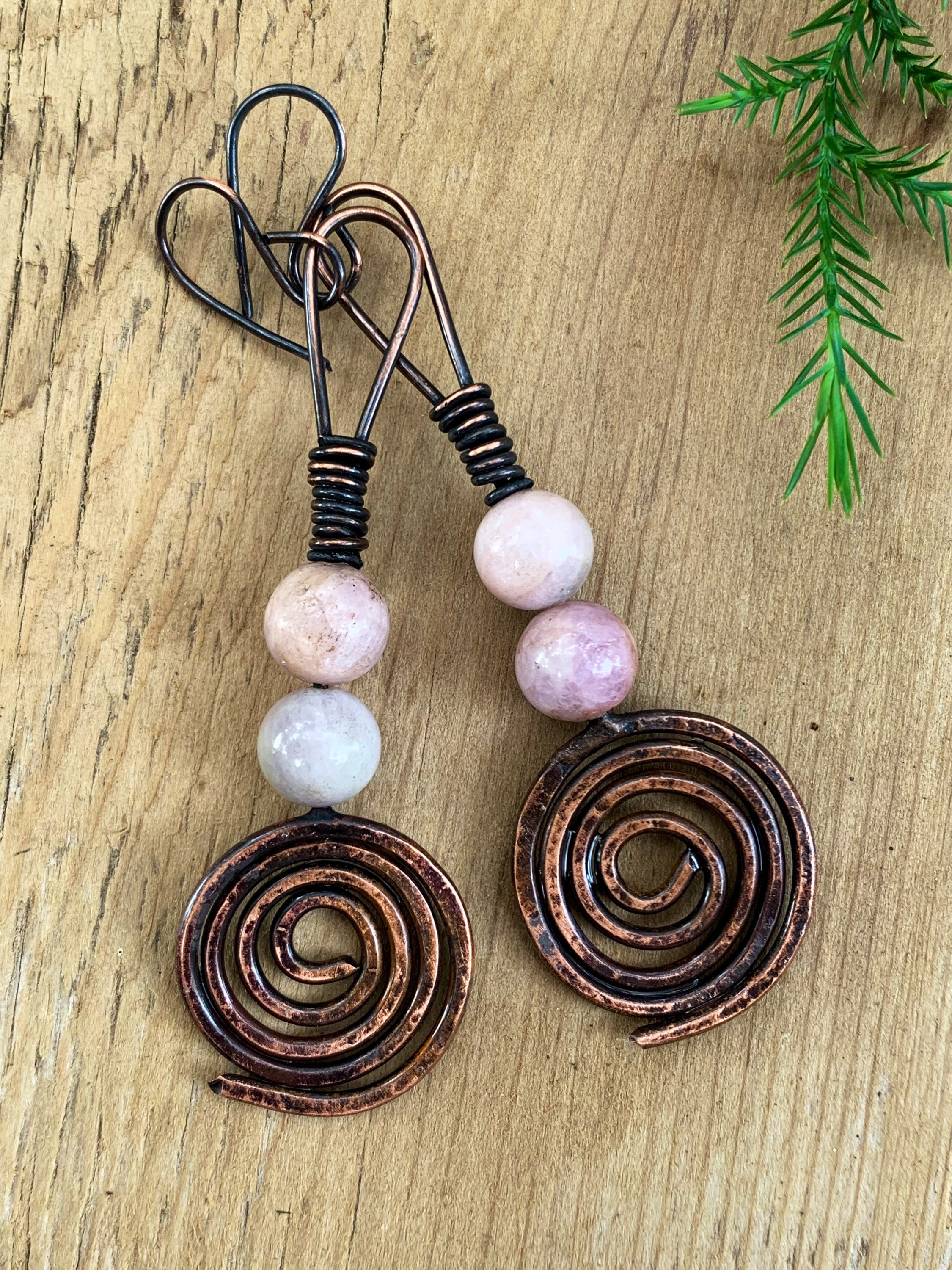 Rustic Handmade Hammered Antiqued Copper Flower Kunzite Earrings Rustic Handmade Hammered Antiqued Copper Flower Kunzite Earrings