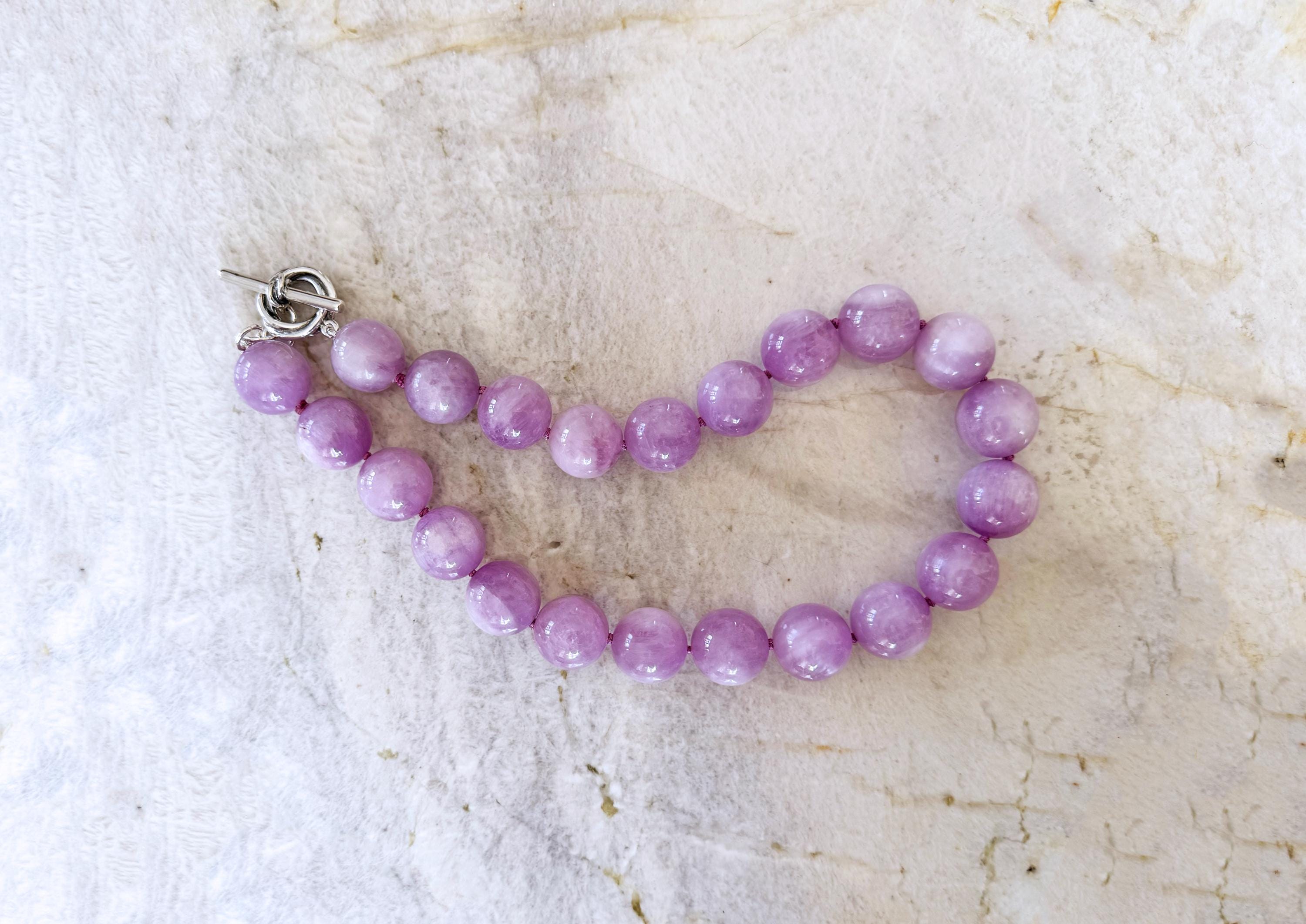 Kunzite Necklace - 18mm Round Pink Hand Knotted With Toggle Clasp