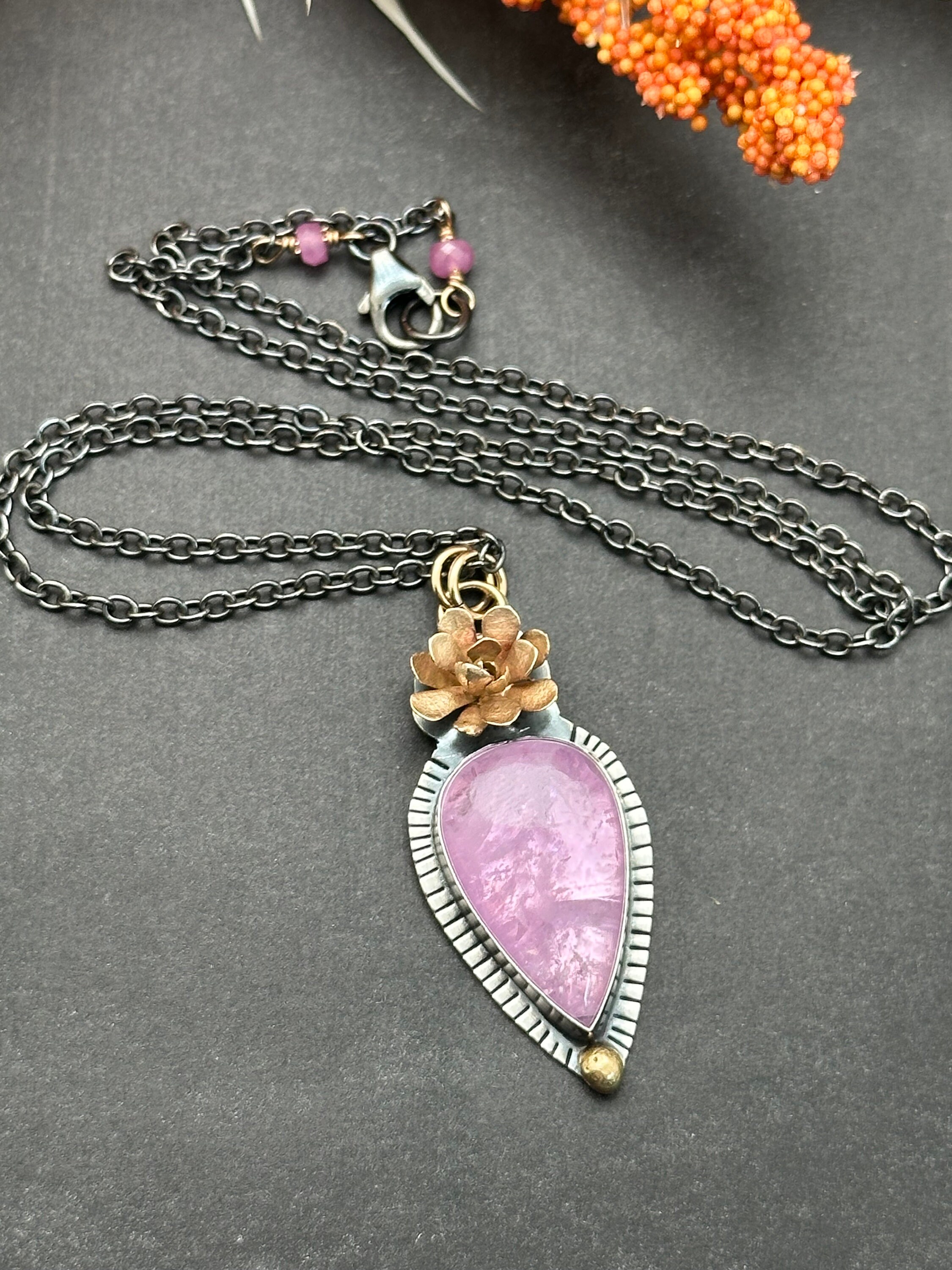 Kunzite And Succulent Mixed Metals Artisan Necklace