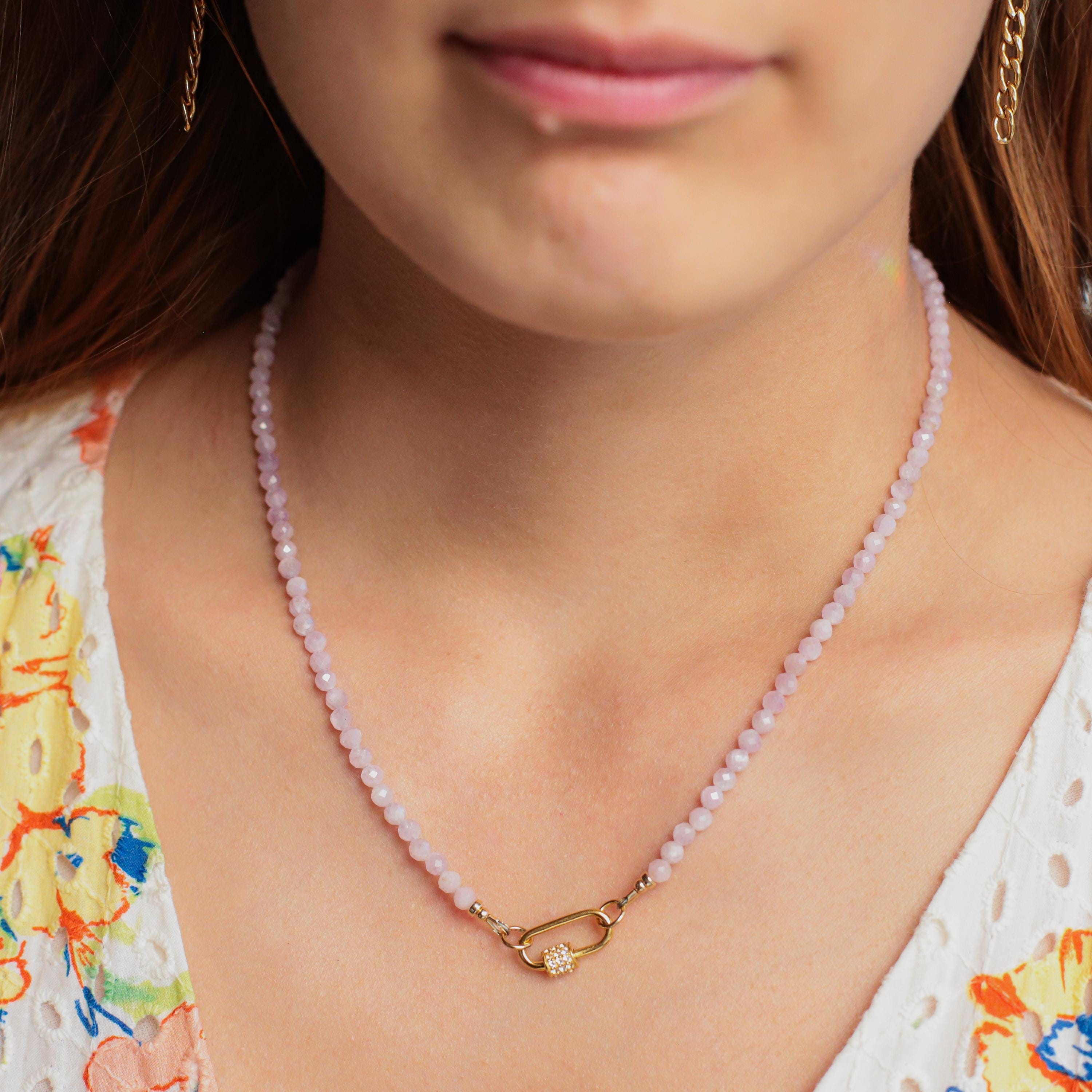 Kunzite Beaded Necklace | Kunzite Carabiner Style Necklace, Pink Kunzite Jewelry, Genuine Faceted Kunzite , Pink Gemstone