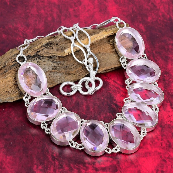 Faceted Pink Kunzite 925 Sterling Silver Jewelry, Gemstone Handmade Jewelry, Kunzite Jewelry, Adjustable Chain Necklace, Gift For Her