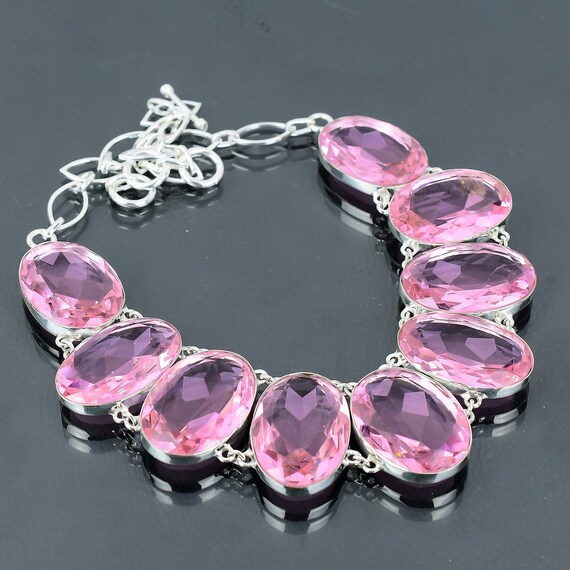 Handmade Faceted Pink Kunzite Necklace: 925 Sterling Silver, Adjustable Chain