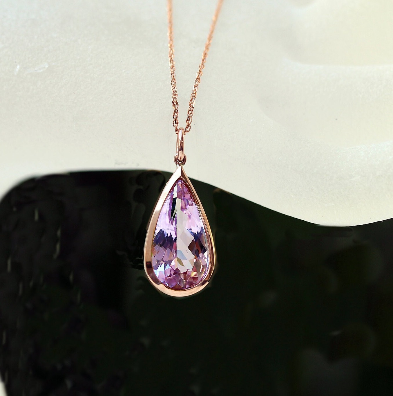 Pear Shape Kunzite Pendant: 14kt Rose Gold Bezel Set Necklace Pear Shape Kunzite Pendant: 14kt Rose Gold Bezel Set Necklace