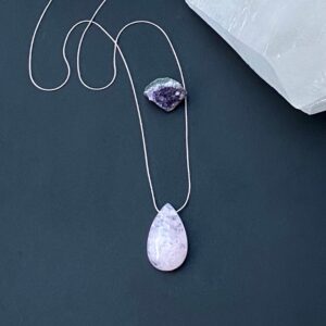 Pink Kunzite Teardrop Necklace, 925 Sterling Silver, Gemstone Cabochon