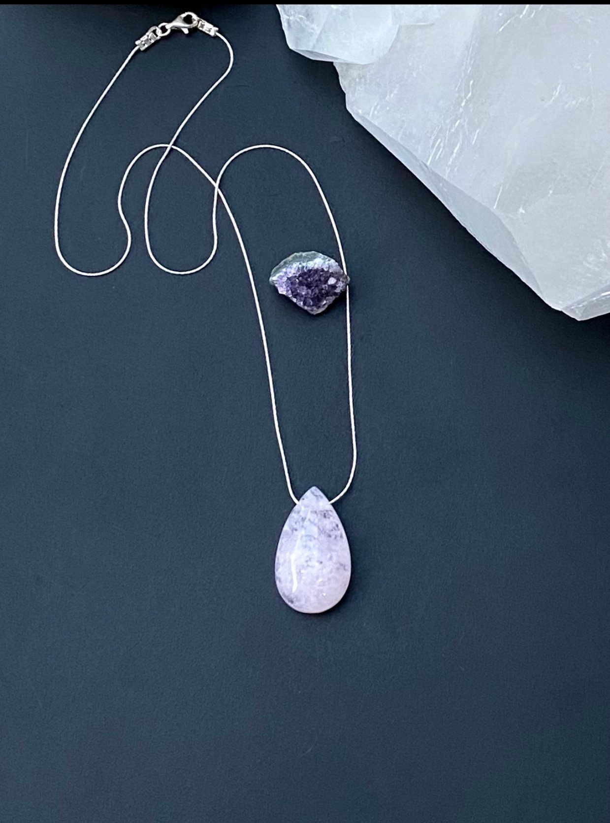 Pink Kunzite Teardrop Necklace, 925 Sterling Silver, Gemstone Cabochon