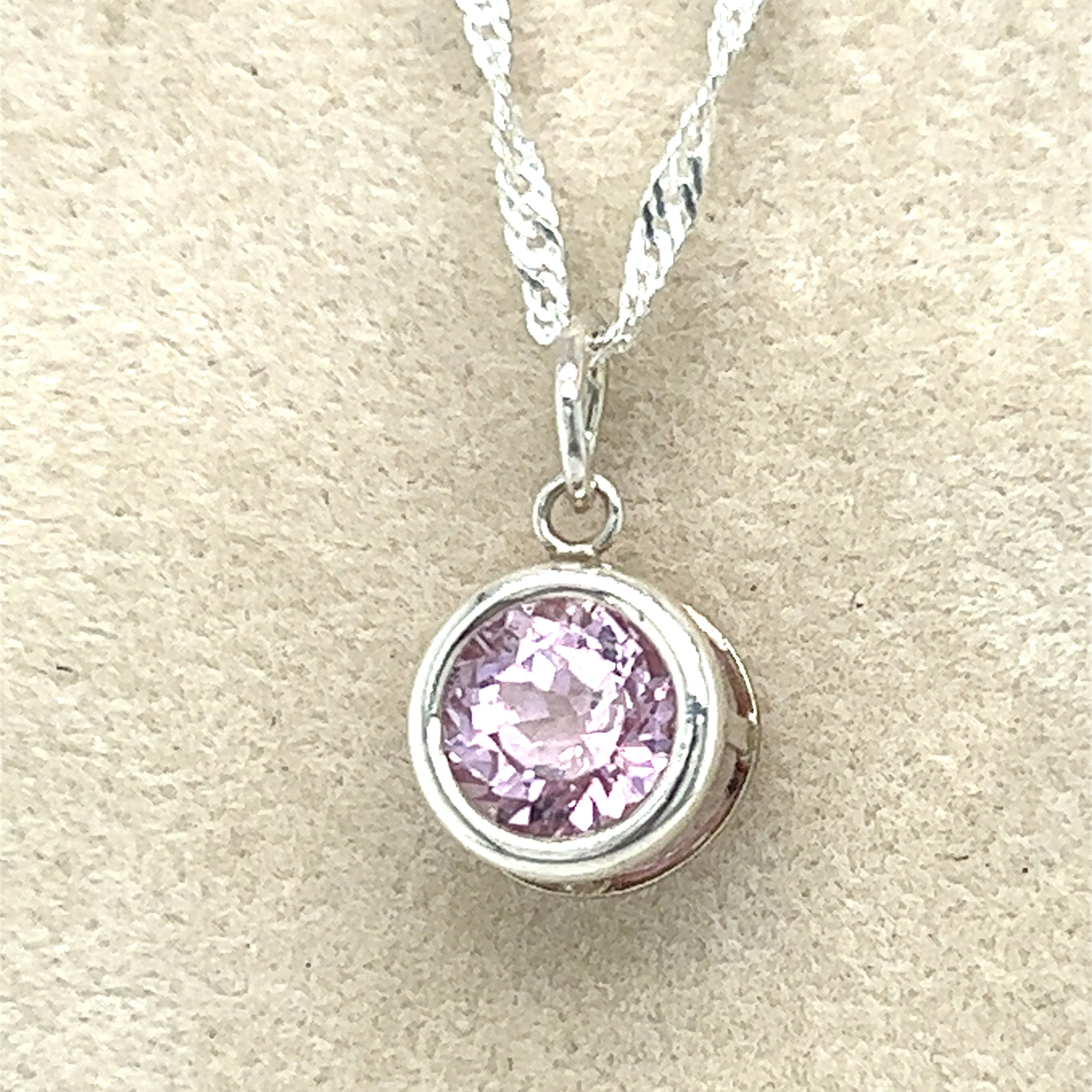 Kunzite Silver Necklace, Sterling Silver, Genuine, Custom Faceted Pink Kunzite, Bezel Setting, 16 Inch Silver Chain
