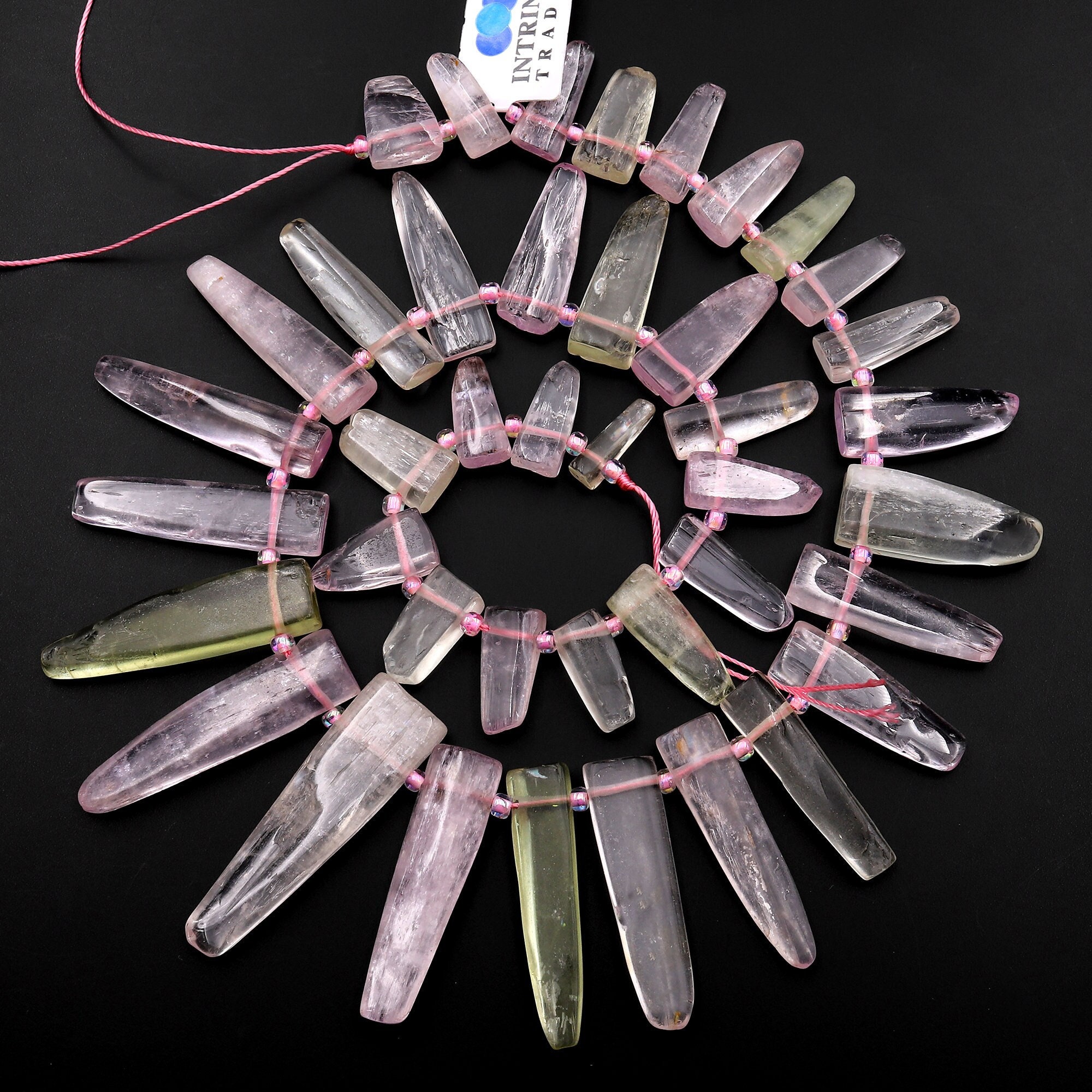 Aaa Natural Violet Pink Green Kunzite Freeform Spike Beads Top Side Drilled Gemstone Graduated 15.5" Strand