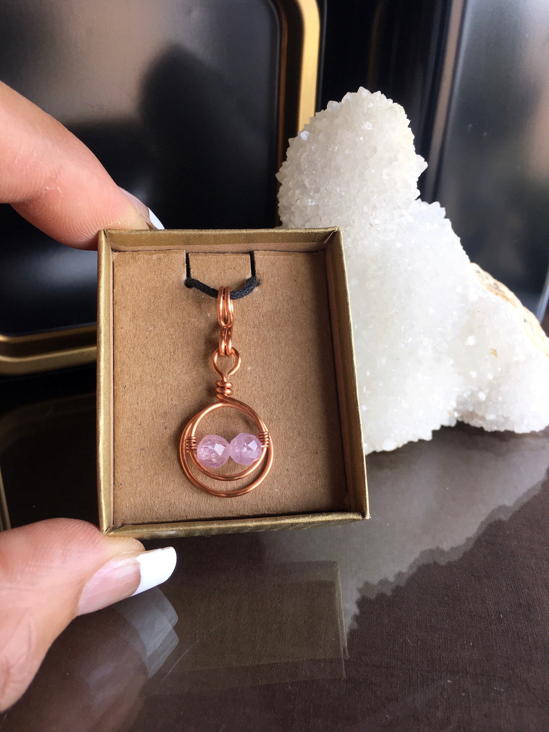 Faceted Kunzite Necklace: Handmade Copper Wire Wrapped Pendant