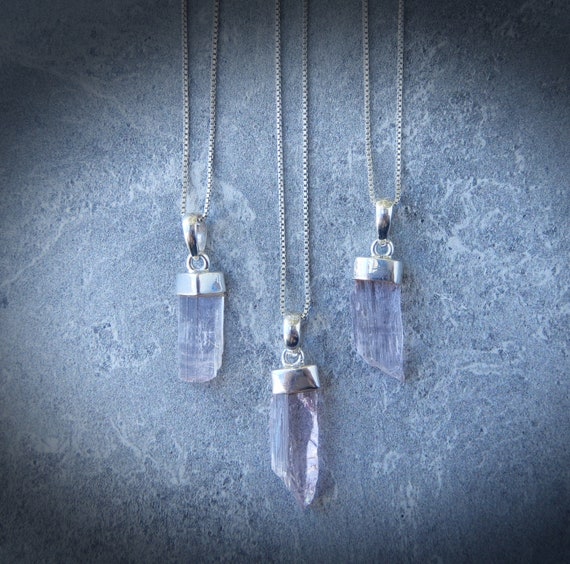Kunzite Gemstone Necklace Sterling Silver • Raw Kunzite Pendant • Natural Pink Violet Crystal • Sterling Kunzite Point • Layering Necklace
