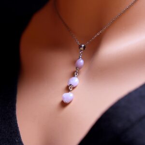 Genuine Purple Pink Kunzite Long Drop Pendant. Kunzite Heart Stainless Steel Necklace