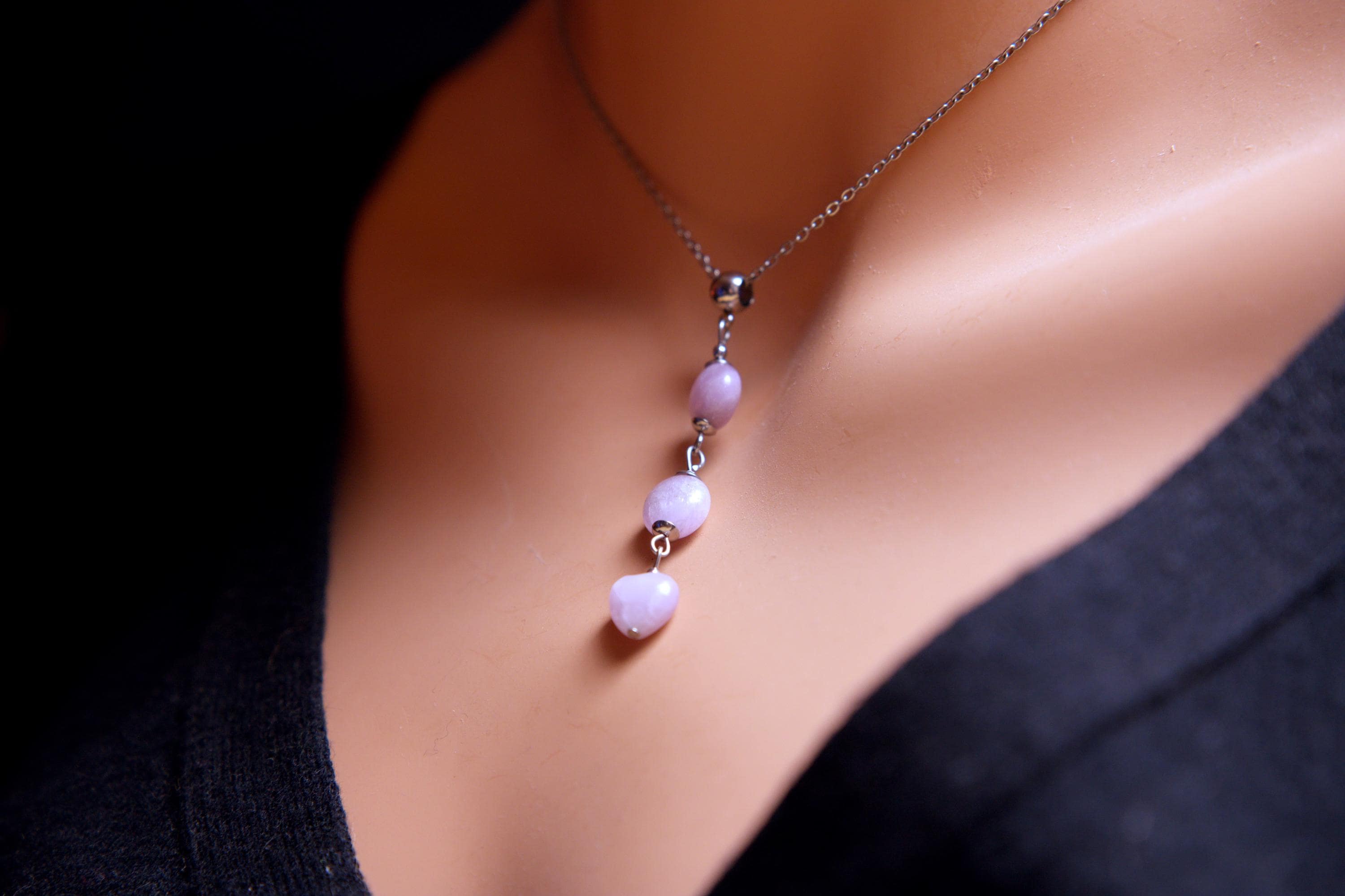 Genuine Purple Pink Kunzite Long Drop Pendant. Kunzite Heart Stainless Steel Necklace