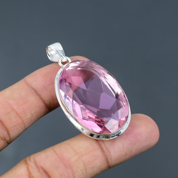 Handmade Oval Pink Kunzite Pendant: 925 Sterling Silver Jewelry