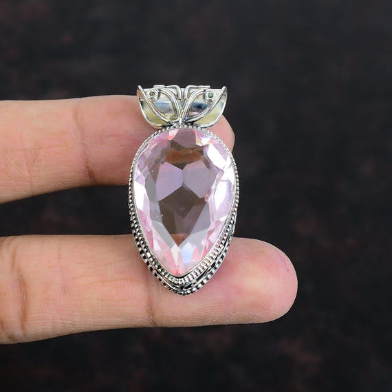 Handmade Pear Pink Kunzite Pendant: Vintage Sterling Silver Jewelry