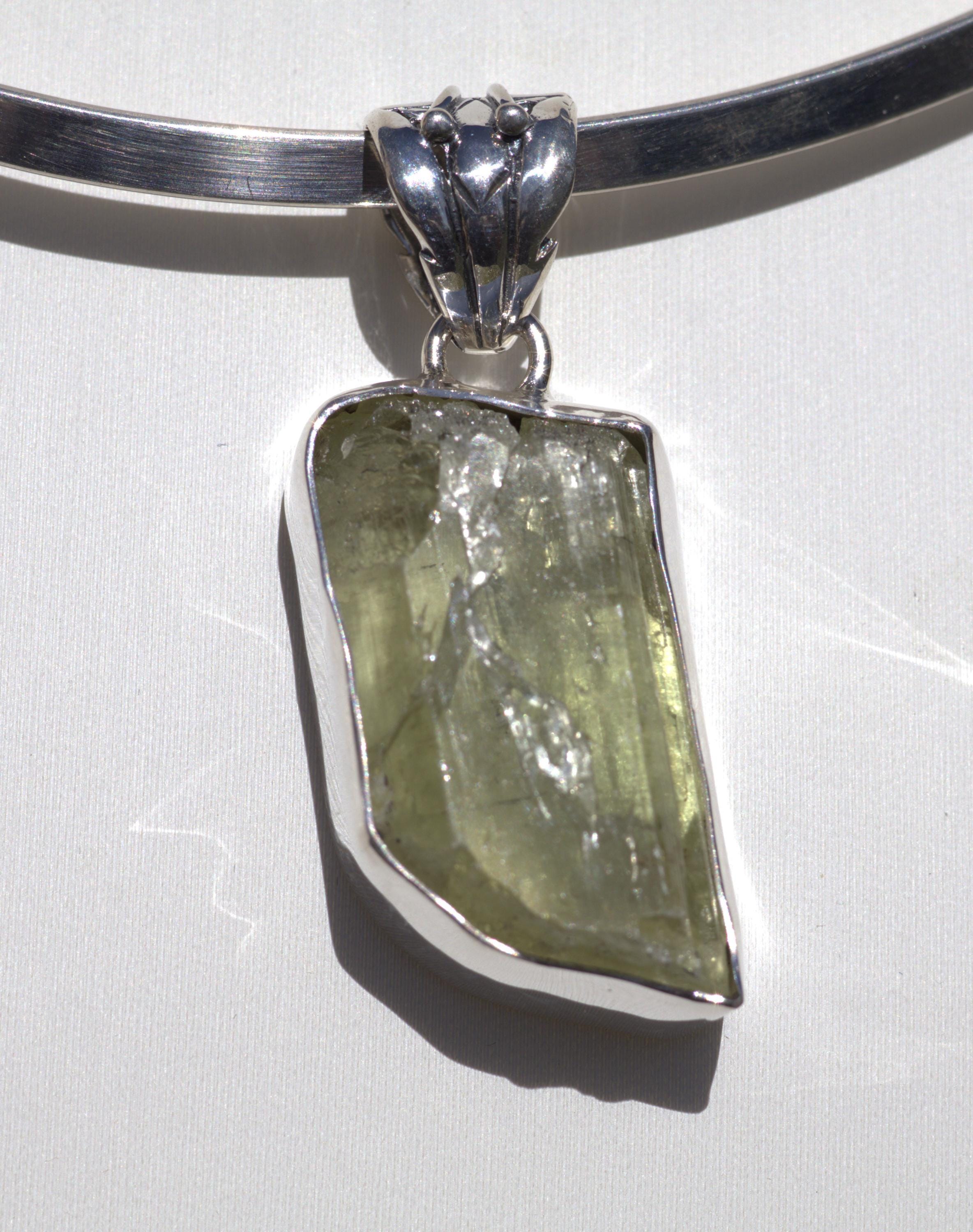 Hiddenite Crystal Pendant, Natural Terminated Hiddenite Crystal, Spodumene, Like Kunzite, Sterling Silver