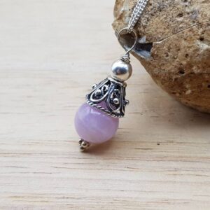 Pink Kunzite Cone Pendant Necklace. Reiki Jewelry Uk. Minimalist Bali Silver Bead Pendant.