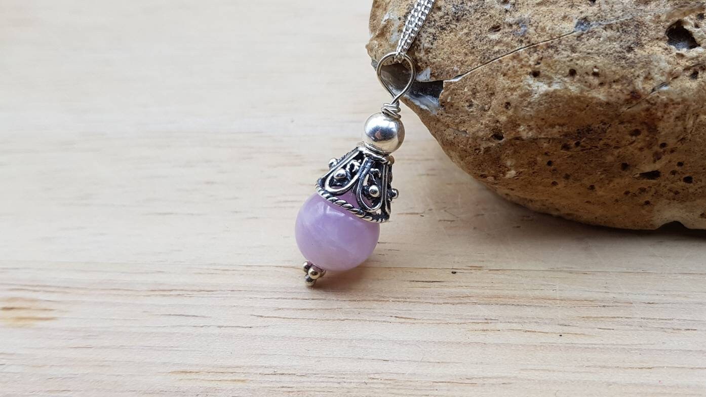Pink Kunzite Cone Pendant Necklace. Reiki Jewelry Uk. Minimalist Bali Silver Bead Pendant.