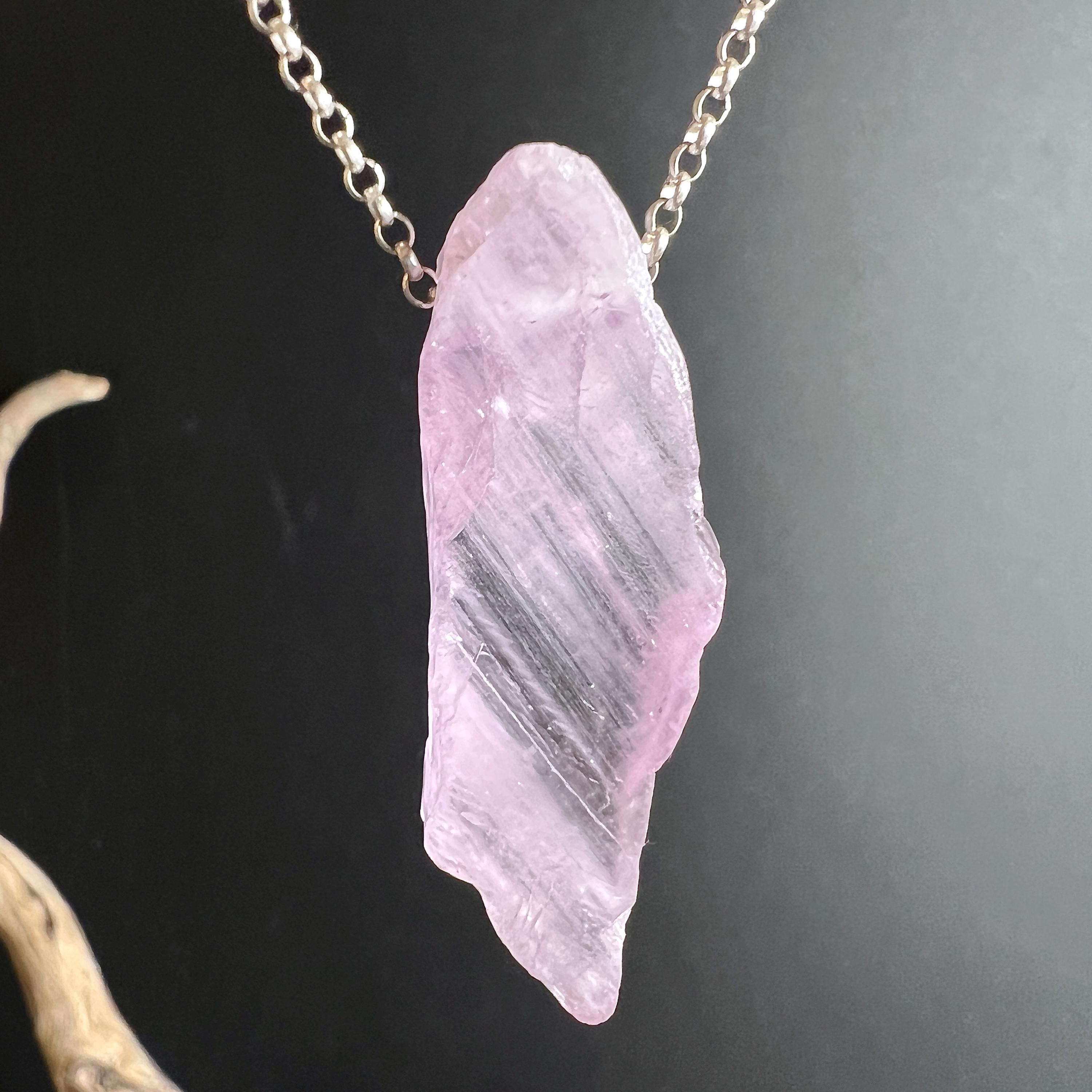 Pink Kunzite Crystal Pendant , Raw Kunzite , Drilled Gemstone , Heart Energy