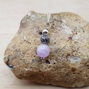 Pink Kunzite Pendant Necklace. Reiki Jewelry Uk. Bali Silver Bead Pendant. 10mm Stone. Small Minimalist Jewellery