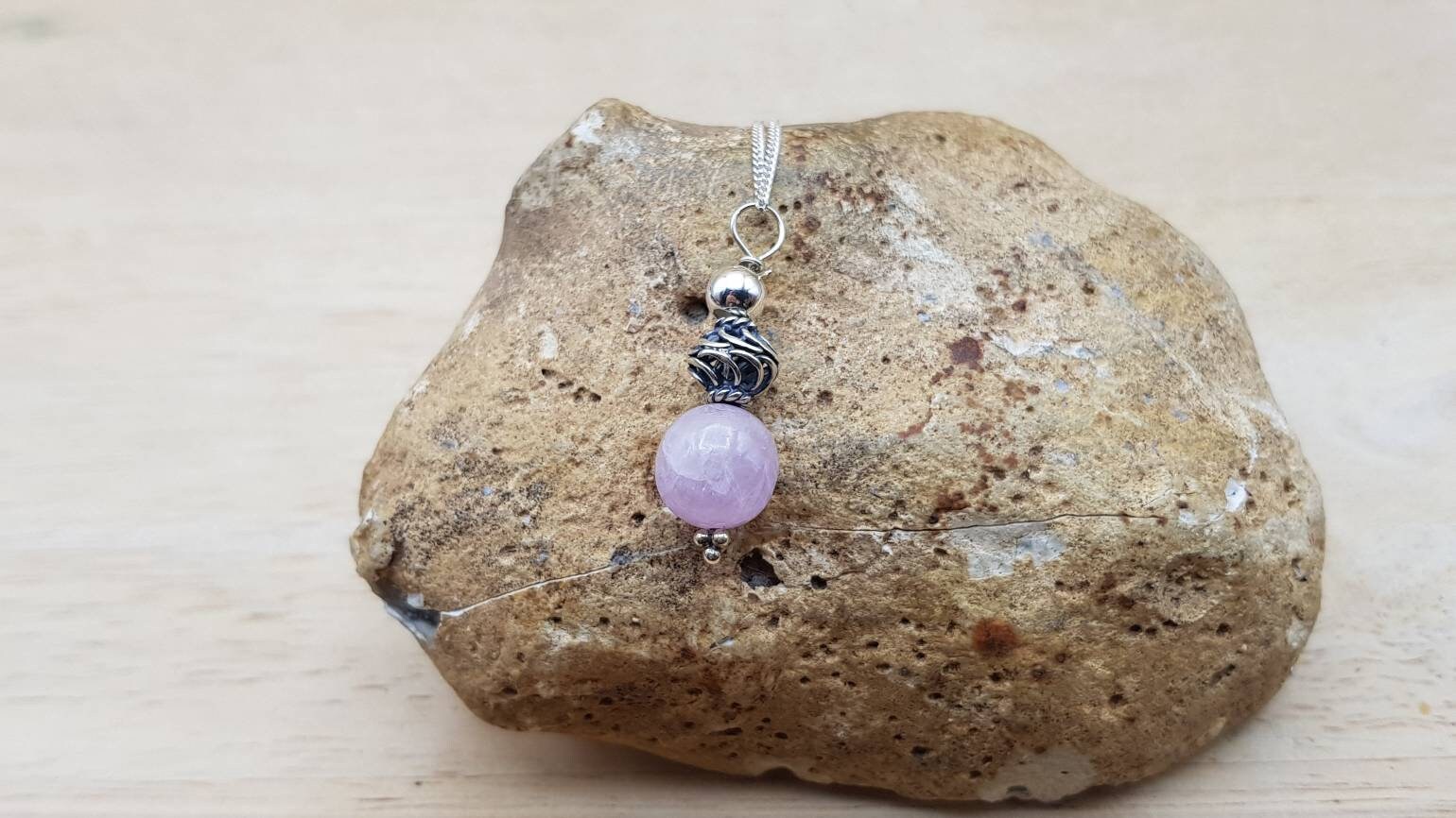 Pink Kunzite Pendant Necklace. Reiki Jewelry Uk. Bali Silver Bead Pendant. 10mm Stone. Small Minimalist Jewellery Pink Kunzite Pendant Necklace. Reiki Jewelry Uk. Bali Silver Bead Pendant. 10mm Stone. Small Minimalist Jewellery