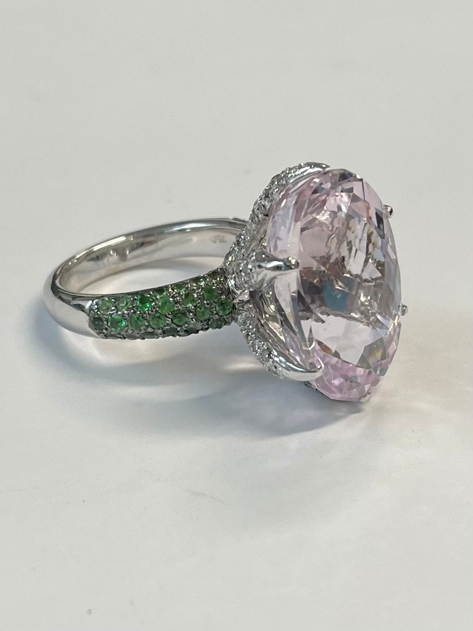 18k White Gold Large Oval Kunzite Ring With Diamonds And Tsavorite