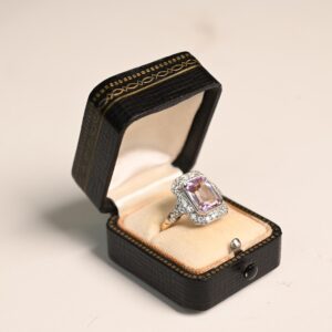 3.63center-ct Emerald Cut Kunzite Ring. Kunzite Ring Halo Old European Cut Diamond Accent. Geometric Gemstone Ring. 18K Yellow Gold Ring.