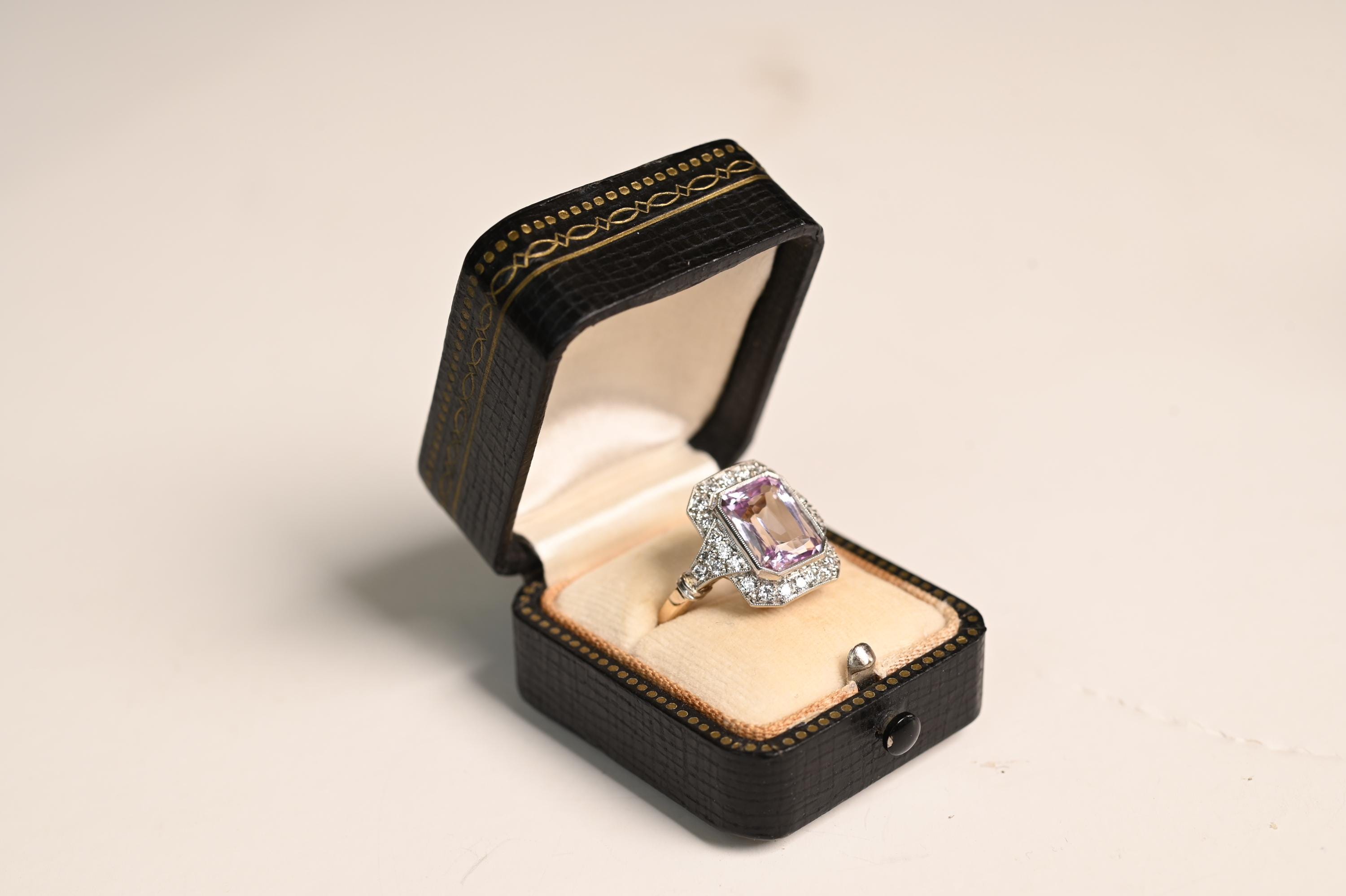 3.63center-ct Emerald Cut Kunzite Ring. Kunzite Ring Halo Old European Cut Diamond Accent. Geometric Gemstone Ring. 18k Yellow Gold Ring. 3.63center-ct Emerald Cut Kunzite Ring. Kunzite Ring Halo Old European Cut Diamond Accent. Geometric Gemstone Ring. 18k Yellow Gold Ring.