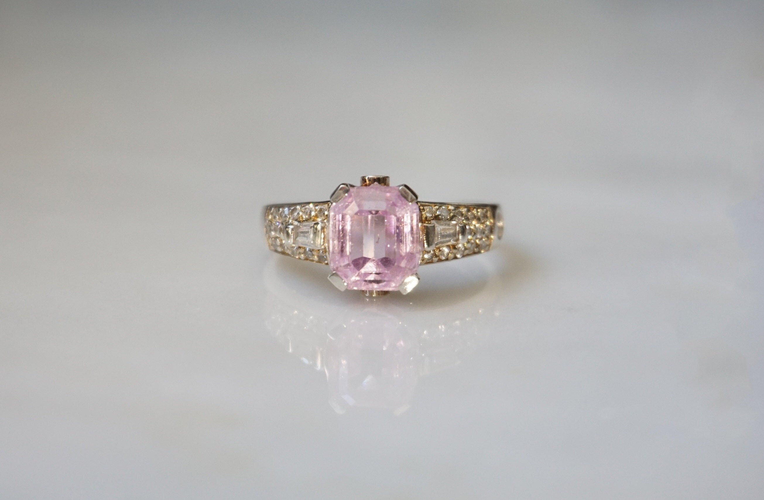 Emerald Cut Kunzite Ring / Vintage Estate Sterling Silver 4.32 Carat Traditional Emerald Cut Bubblegum Pink Kunzite Solitaire Ring  Sz 11.25