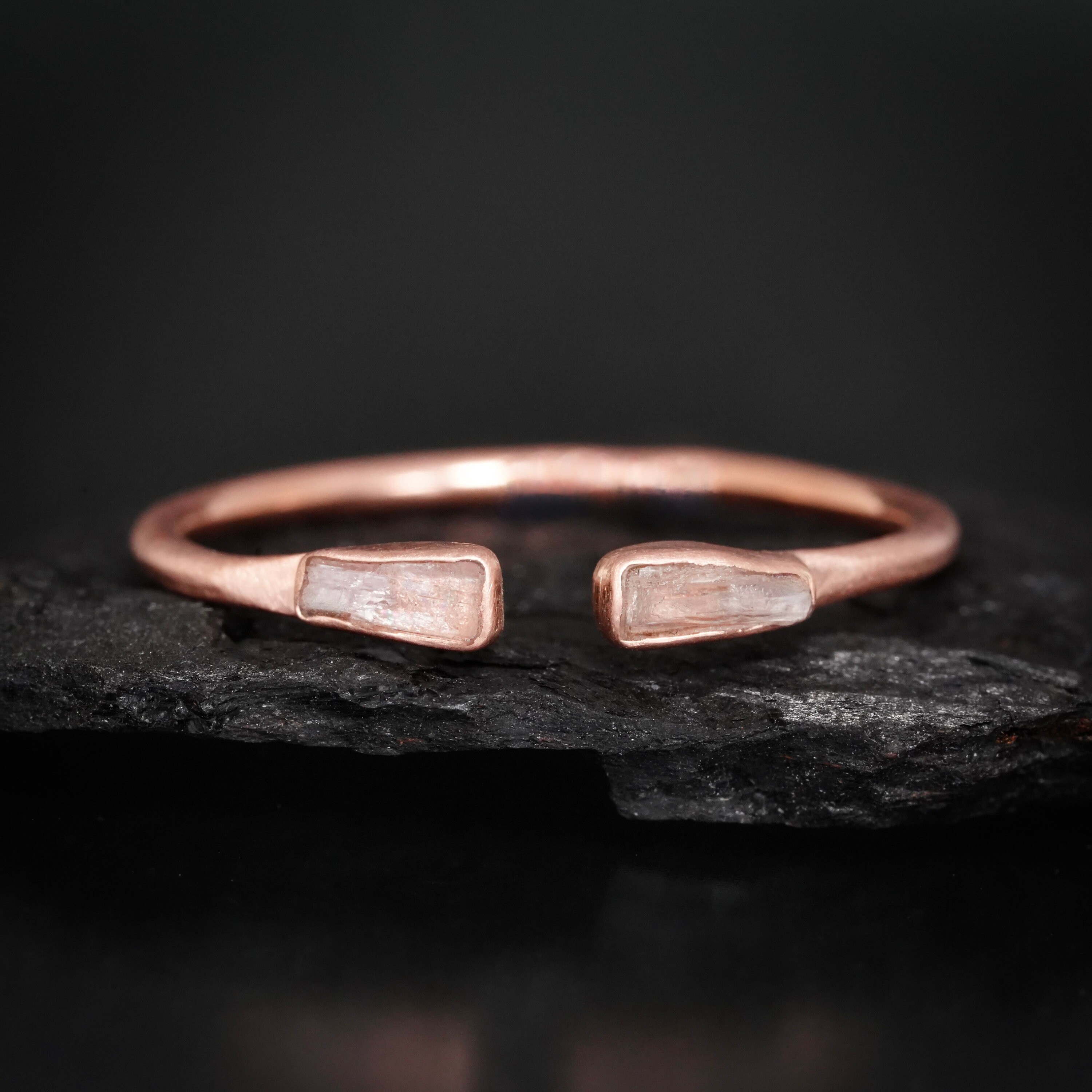Rose Gold Pink Kunzite Ring. Rustic Solid Gold Adjustable Everyday Stacking Pink Kunzite Band