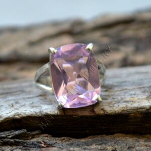 Pink Kunzite Quartz Ring: Cushion Cut Sterling Silver Birthstone Pink Kunzite Quartz Ring: Cushion Cut Sterling Silver Birthstone