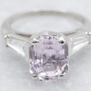 Retro Platinum Kunzite Ring with Diamond Accents