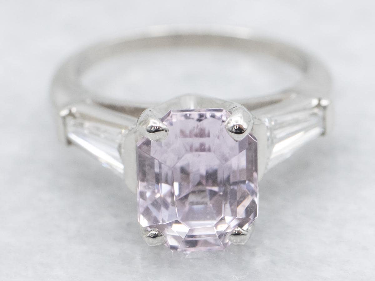 Retro Platinum Kunzite Ring With Diamond Accents