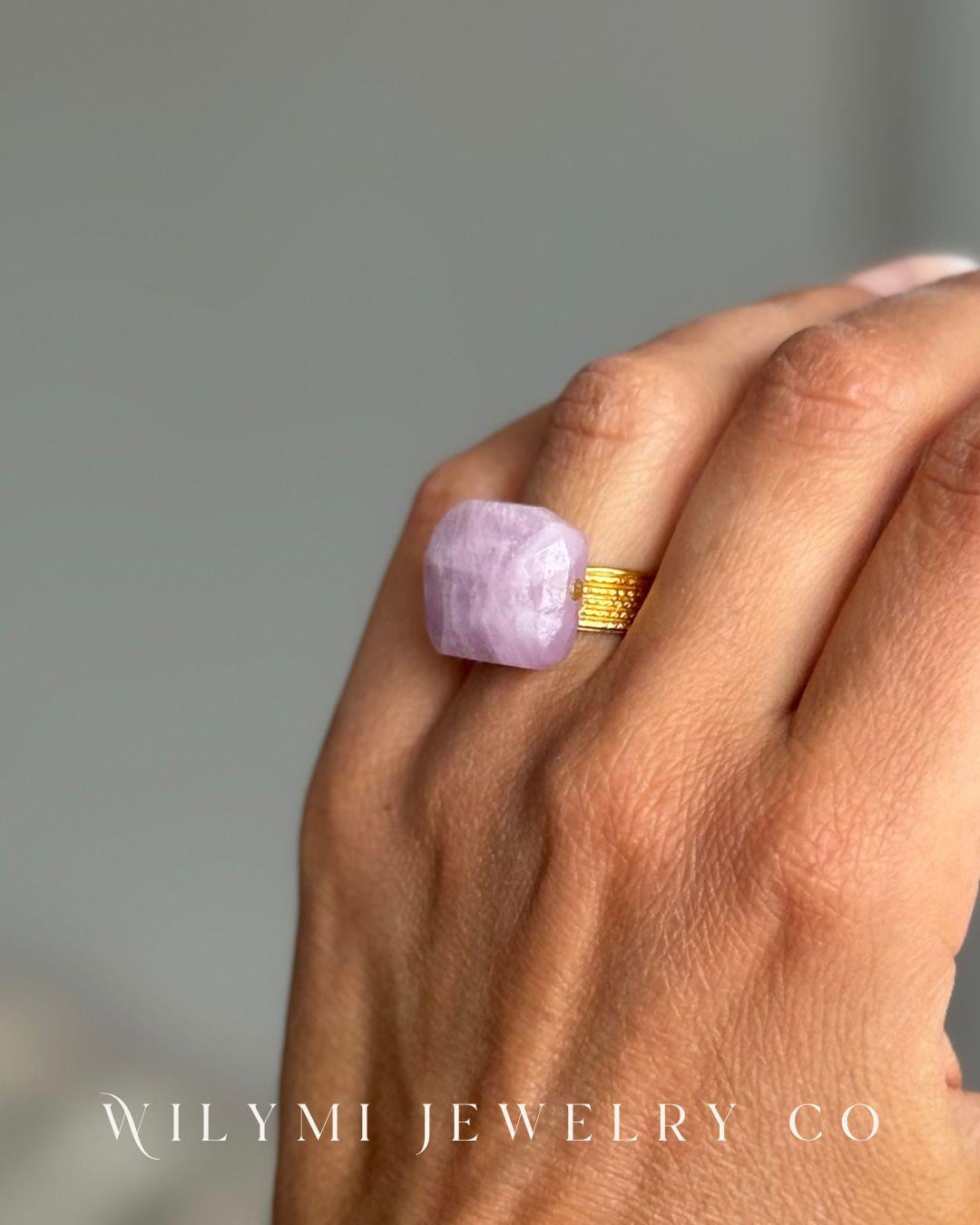 Soft Lavender Kunzite Ring | 24k Gf | Brilliant Matte Gold | Adjustable Band | 14mm Square Stone Soft Lavender Kunzite Ring | 24k Gf | Brilliant Matte Gold | Adjustable Band | 14mm Square Stone
