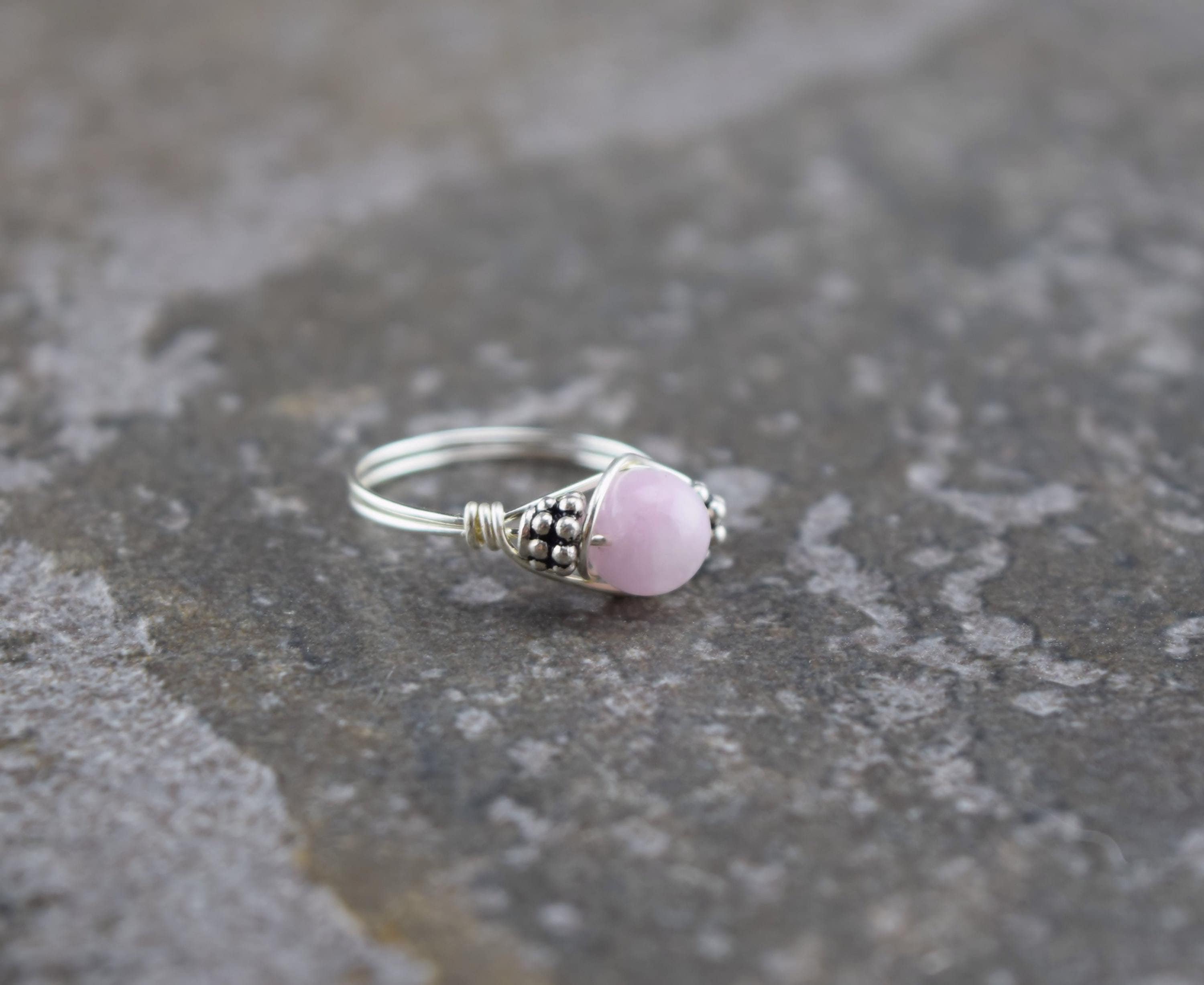 Sterling Silver Kunzite And Bali Bead Ring Sterling Silver Kunzite And Bali Bead Ring